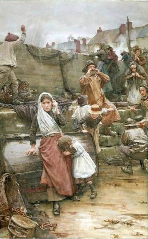 Escena de desastre en un pueblo pesquero de Cornualles 1889