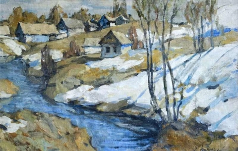 Casas de campo na neve na Rússia, por volta de 1925