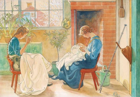 Girls Sewing By The Window