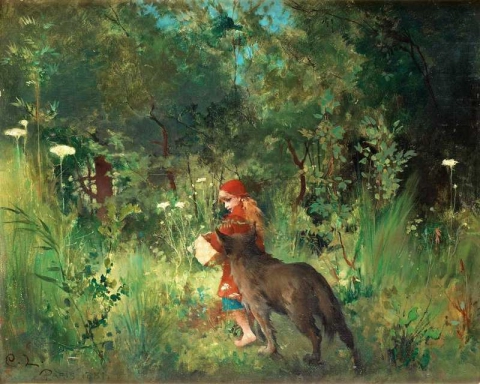 Punahilkka ja susi metsässä
