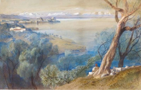 Fjern utsikt over citadellet fra landsbyen Ascension Corfu 1857