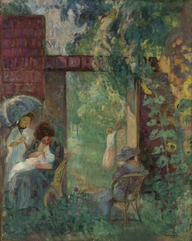 Kvinnor och barn i en trädgård sommaren 1912