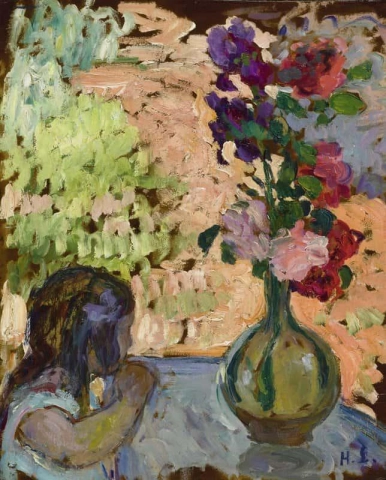 Liten flicka och vas med blommor ca 1904-05