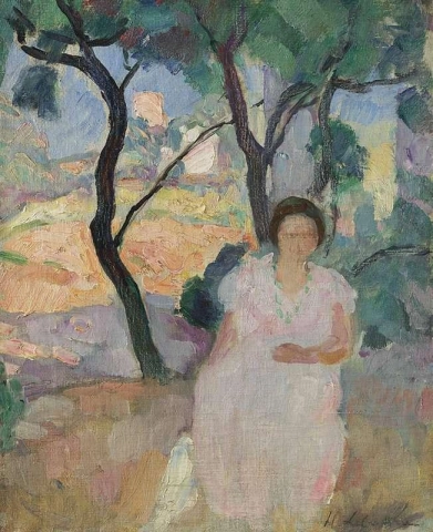 Jonge vrouw in een tuin, ca. 1925