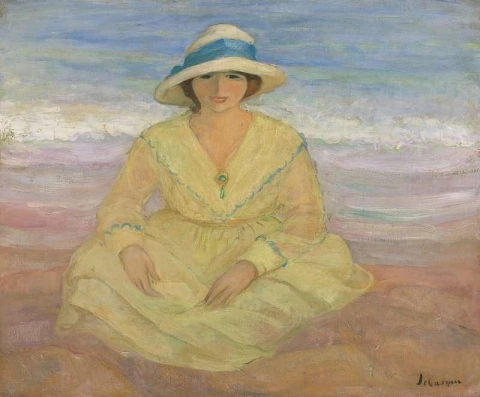 Junges Mädchen sitzt am Strand, ca. 1922