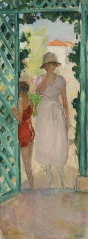 Junges Mädchen und Kind unter der Laube 1920