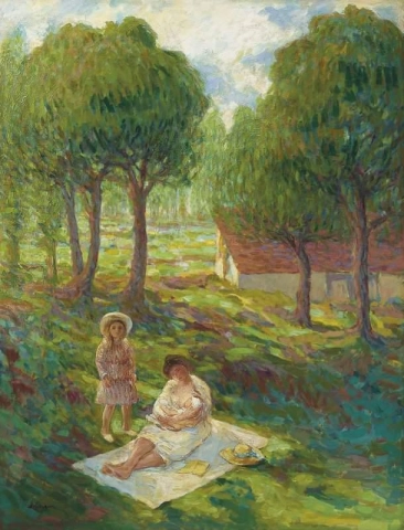Moeder en kinderen in een landschap ca. 1901