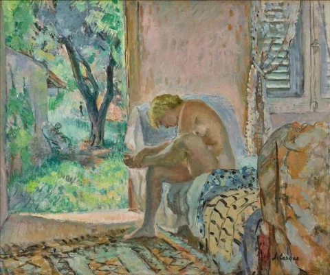 عارية تجلس على أريكة بالقرب من Fenetrem 1934-35