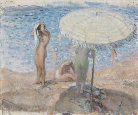 Tre badende på stranden ca. 1923