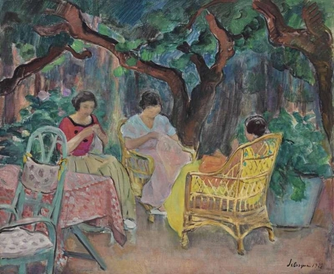 Drie vrouwen naaien in een tuin, 1923