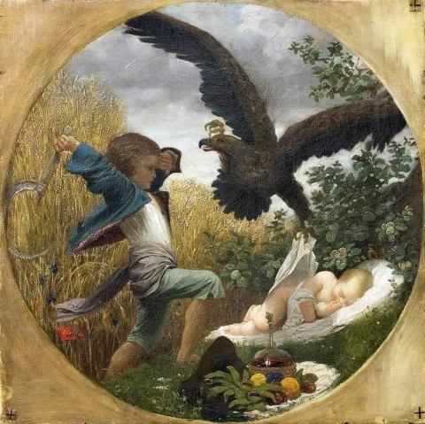 一个男孩从老鹰手中保护婴儿，约 1850 年