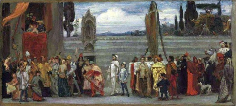 En fargeskisse for Cimabue S-feiret Madonna blir båret i prosesjon gjennom gatene i Firenze ca. 1853-55