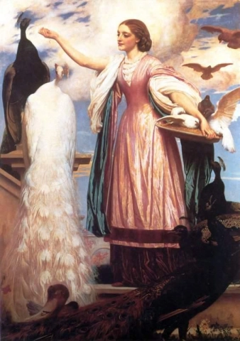 A Girl Feeding Peacocks Ca. 1863