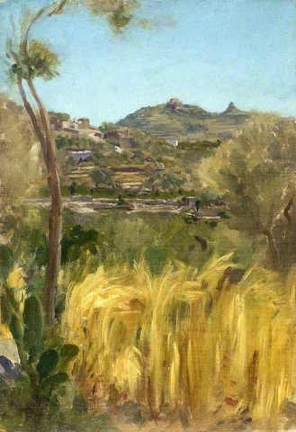 Una vista en Italia con un campo de maíz hacia 1860