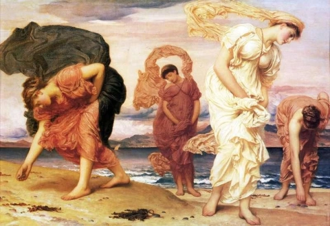 希腊女孩在海边捡起鹅卵石，约 1871 年