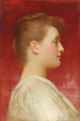 Huvud av en flicka i en vit klänning 1890-talet