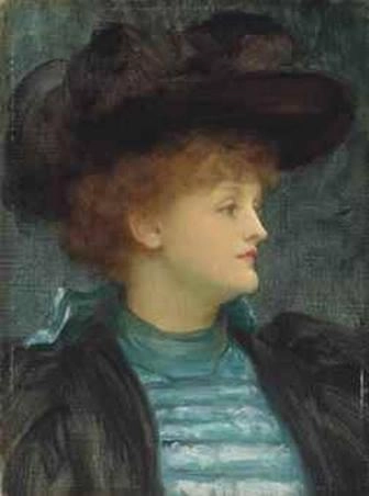 Retrato de Dorothy Dene hasta el busto con un vestido turquesa, abrigo y sombrero negros