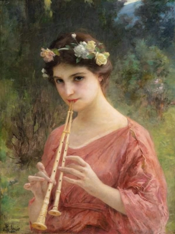 Eine junge Frau spielt eine Aulos oder die Doppelflöte