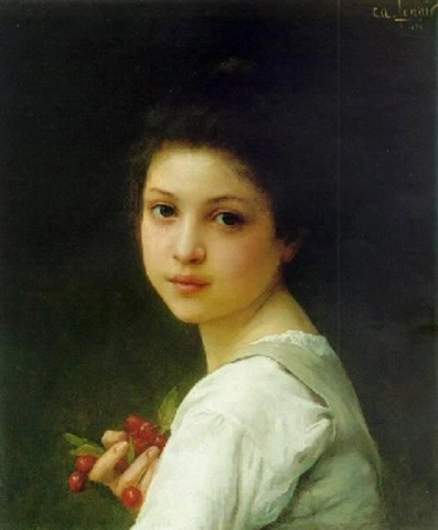Nuoren tytön muotokuva kirsikoiden kanssa