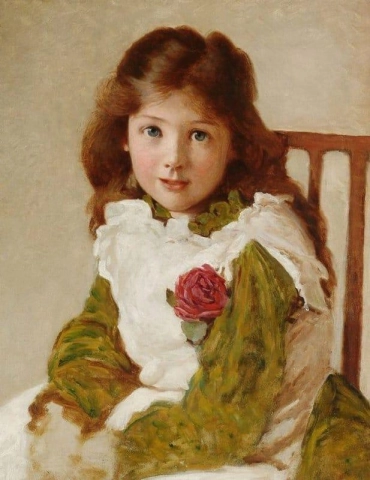 Портрет дочери художника в пояс в зеленом платье и белом переднике