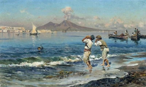 Una vista de la bahía de Nápoles con pescadores en primer plano.