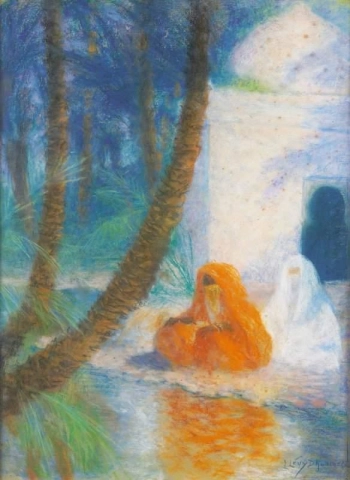 Duas mulheres árabes sentadas sob uma palmeira
