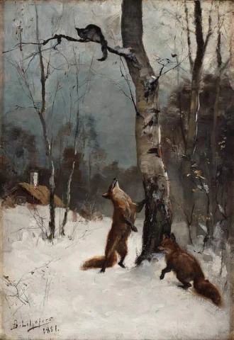 Foxes And Cat Winter Landscape