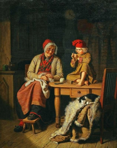 A Rustic Interior With A Boy Threading A Needle