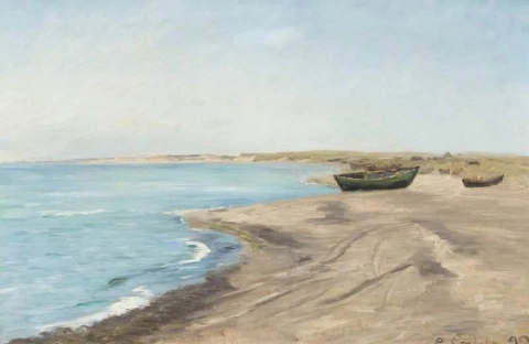 Cenário de praia com barcos puxados para terra, 1897