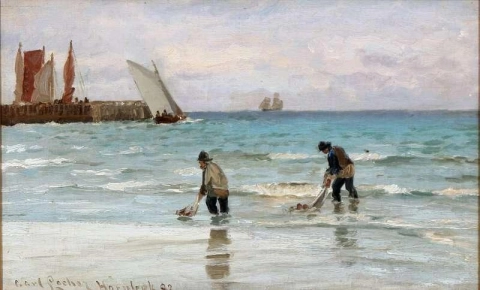Cena costeira de Hornb K com dois pescadores, 1882