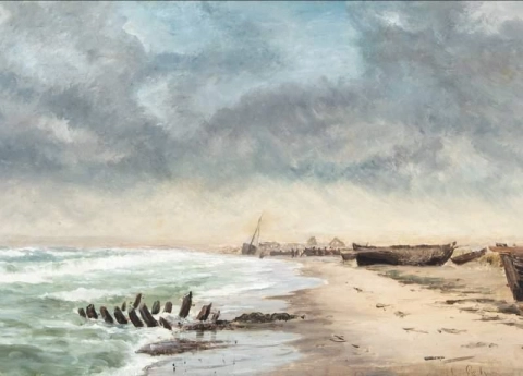 海岸场景，前景是船只被拉上岸的沉船，1875 年