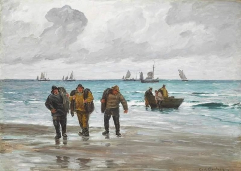 Kystscene med fiskere som drar båten opp på land