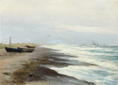 Cenário costeiro de Skagen com barcos na praia, 1886
