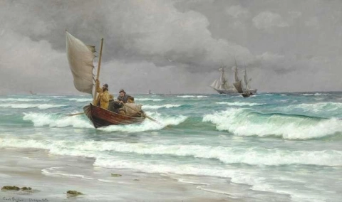 Мужчины в рыбацкой лодке и трехмачтовом судне у побережья Скагена, 1896 г.