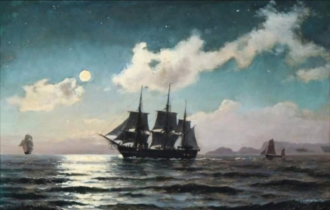 Maanlichtzeegezicht met het Deense fregat Jylland