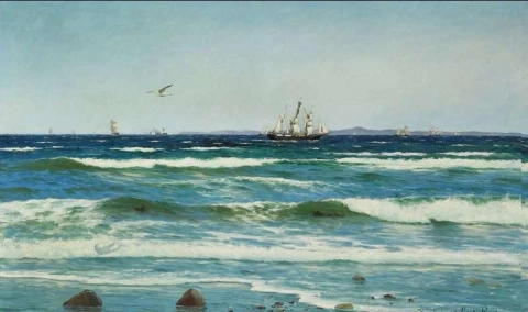Havlandskap med tallrike seilskip på Øresund 1885