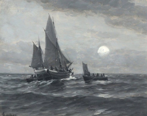 Merimaisema purjelaivan kanssa kuunvalossa