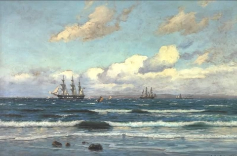 Vista sul mare con navi a vela al largo della costa danese 1892