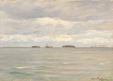 Seascape With Ships At A Small Island With A Lighthouse