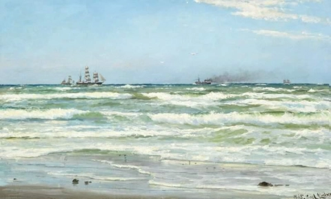 夏日，斯卡恩海岸附近有许多船只，1885 年