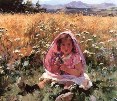 Kleines Mädchen auf einem Gerstenfeld