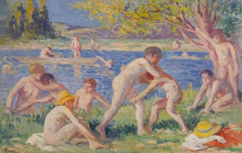 Niños peleando a la orilla del agua 1908
