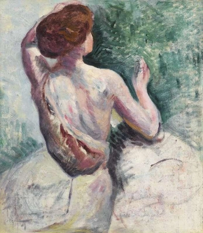 Vrouw van achteren die haar haar doet, ca. 1900