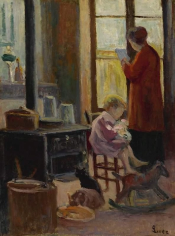 Moeder en kind in de keuken, ca. 1910-1915