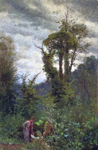 Oftewel een kunstenaar aan haar schildersezel in een bosrijk landschap