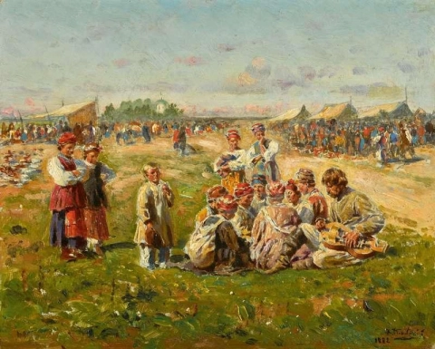 Muzikanten op een boerenmarkt 1882