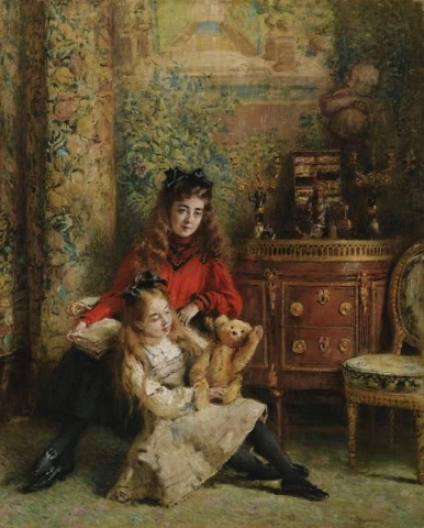 Portret van de dochters van de kunstenaar Olga en Marina met teddybeer
