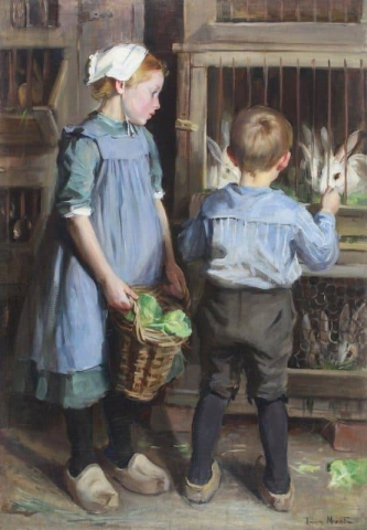 Дети кормят кроликов 1898