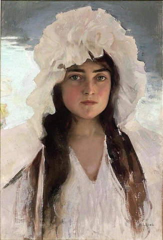 一个戴着白色帽子的女孩的肖像