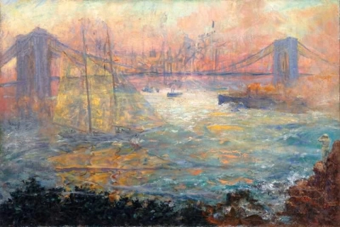 Scheepvaart rond een brug bij zonsondergang
